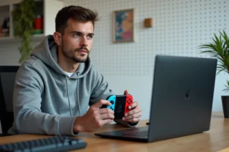 Jeune homme connectant une manette Nintendo Switch en Bluetooth sur un ordinateur portable depuis un bureau à domicile