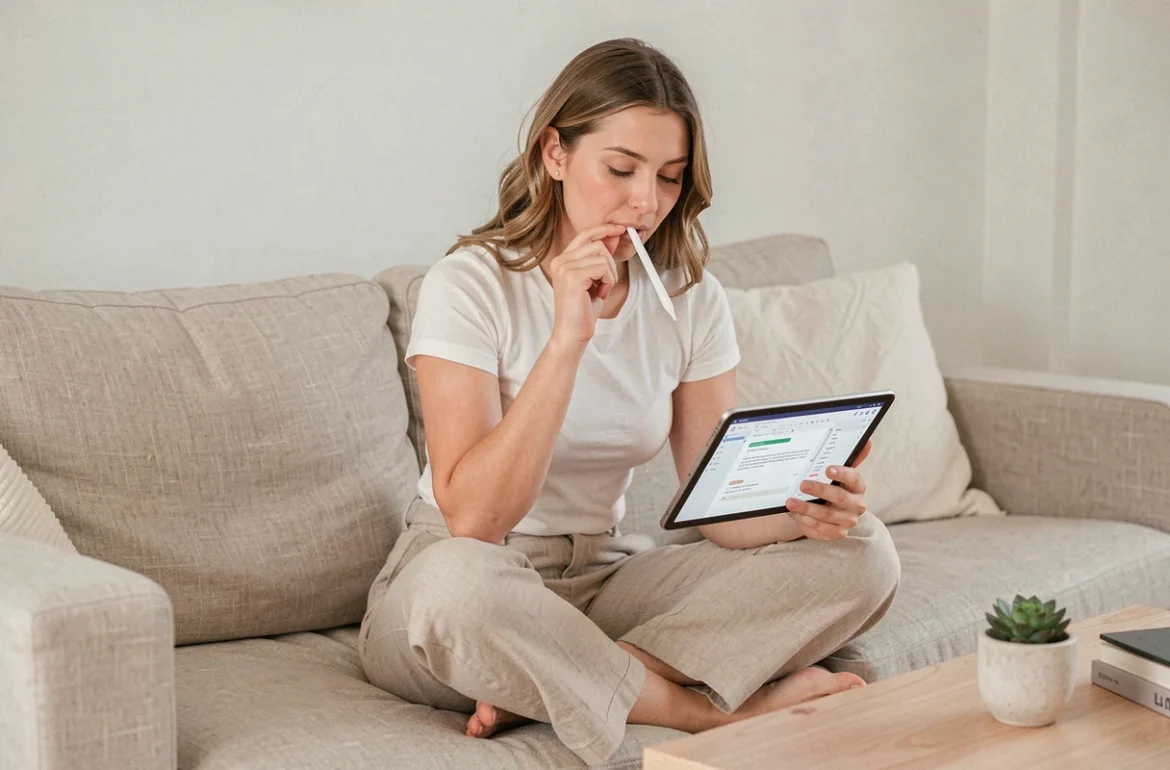 Jeune femme révisant un texte sur tablette avec une application de correction orthographique dans un salon minimaliste