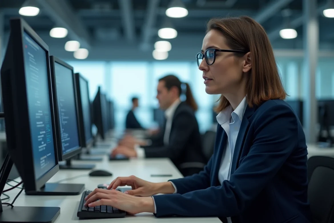 Femme en entreprise corrigeant la configuration du clavier dans les paramètres système de son ordinateur