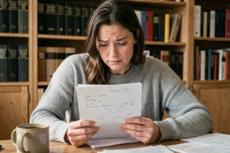 Femme relisant et corrigeant un document imprimé à son bureau à domicile, entourée de dictionnaires et guides de style