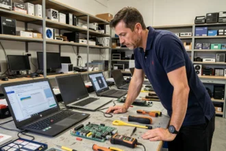 Technicien informatique dans un atelier de dépannage informatique dans le Puy-de-Dôme avec des ordinateurs portables et des composants sur le plan de travail