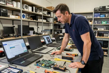 Technicien informatique dans un atelier de dépannage informatique dans le Puy-de-Dôme avec des ordinateurs portables et des composants sur le plan de travail