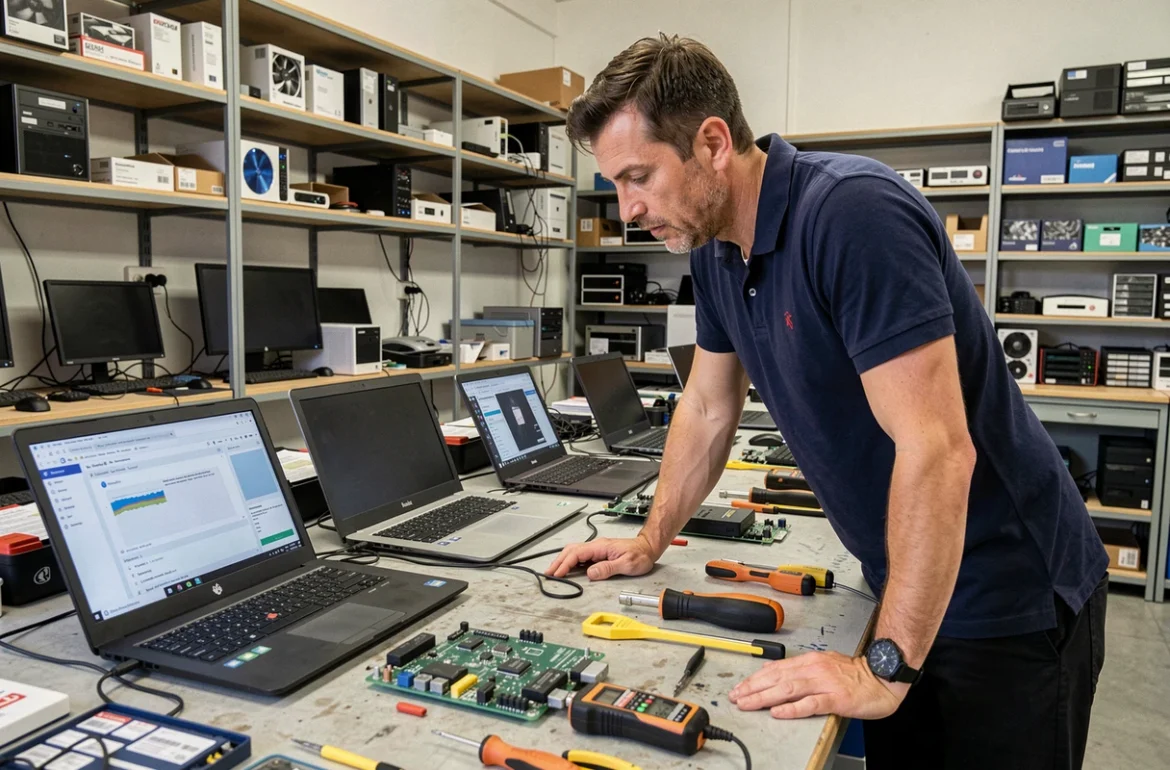 Technicien informatique dans un atelier de dépannage informatique dans le Puy-de-Dôme avec des ordinateurs portables et des composants sur le plan de travail
