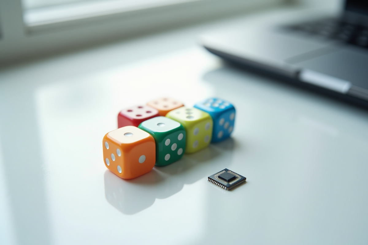 Dices colorés et microprocesseur sur bureau blanc éclairé par la lumière naturelle