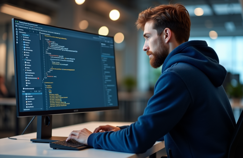 Jeune homme en hoodie bleu examinant un tableau de bord Kubernetes