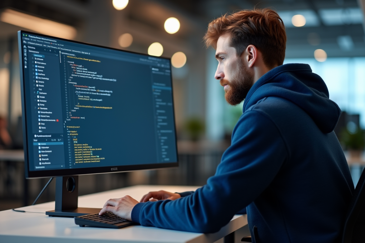 Jeune homme en hoodie bleu examinant un tableau de bord Kubernetes