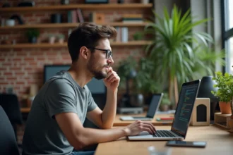 Jeune developpeur concentré sur son ordinateur dans un bureau moderne