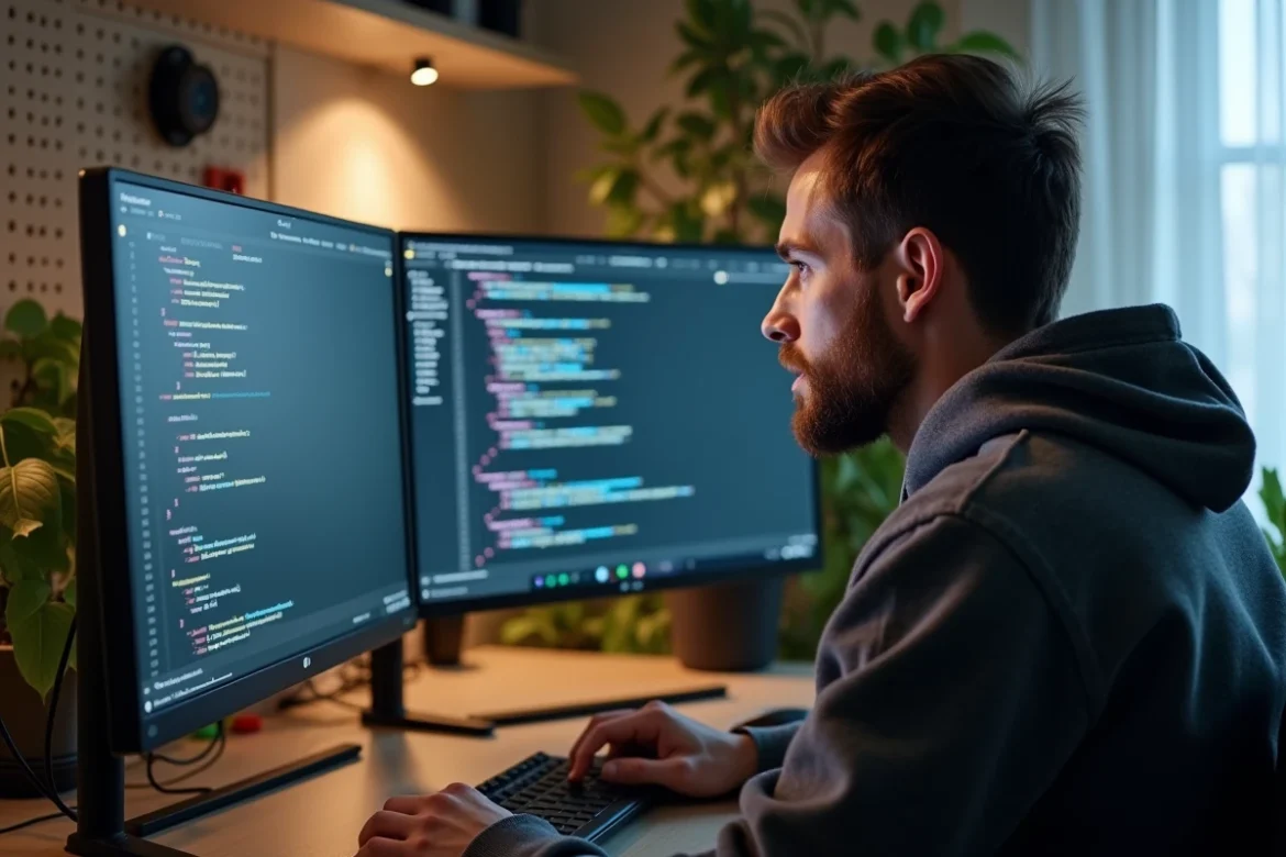 Développeur masculin testant des logiciels en sécurité dans un environnement de machine virtuelle sur double écran