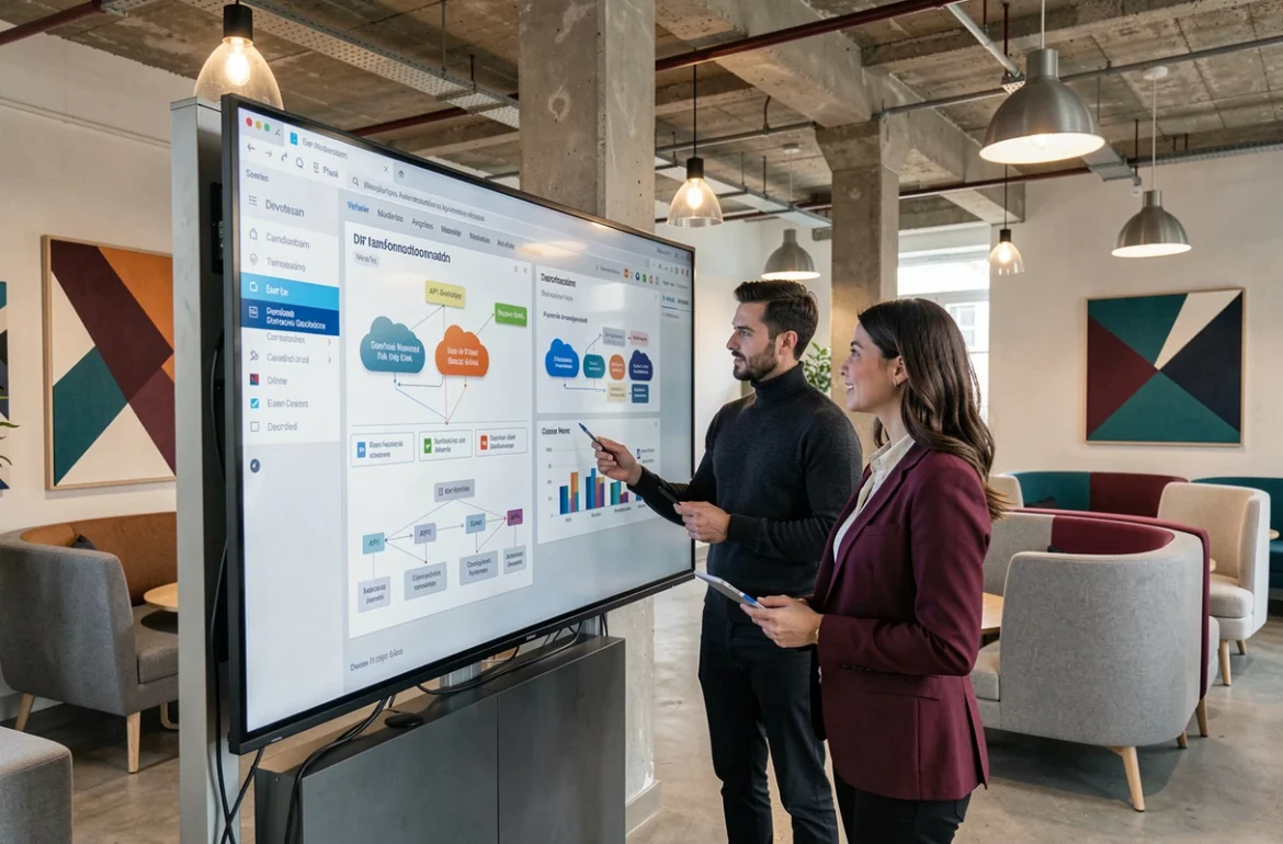 Consultants Devoteam analysant une feuille de route de transformation digitale dans un bureau en PACA