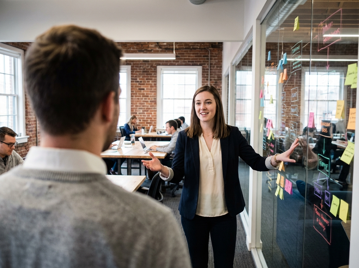 Jeune femme professionnelle discutant dans un espace coworking