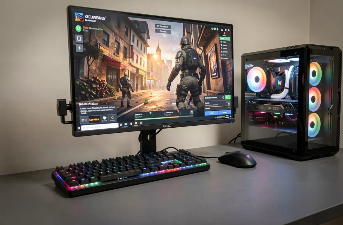 Écran gaming 24 pouces sur bras articulé au-dessus d'un bureau de joueur PC bien organisé