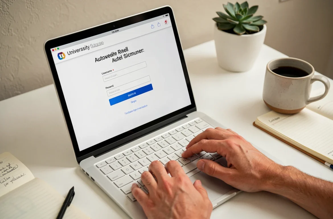 Gros plan sur un écran de connexion au portail étudiant Eduline Lille avec clavier et bureau minimaliste