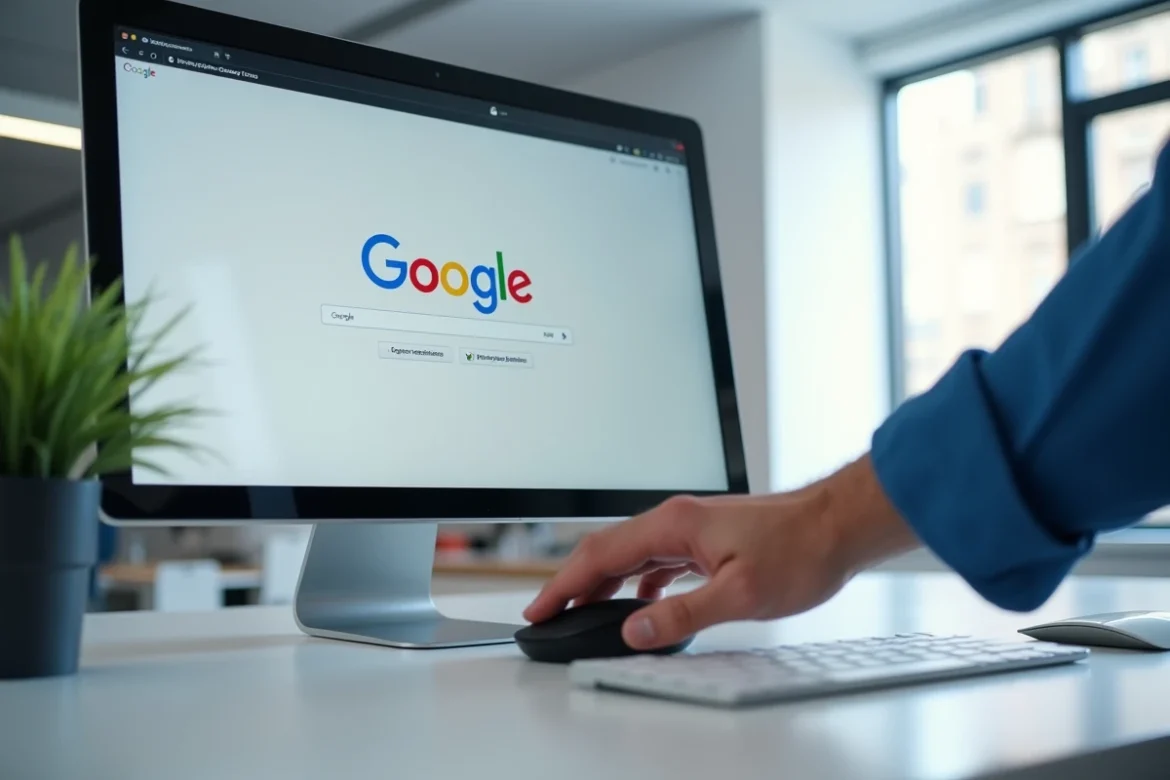 Gros plan sur un écran d'ordinateur affichant Google avec le menu de sélection de langue ouvert