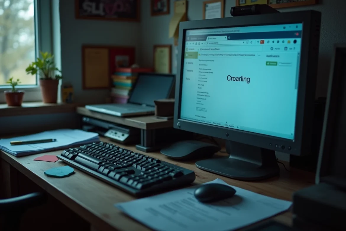 Écran d'ordinateur de bureau affichant une messagerie Orange en cours de chargement lent sur un bureau encombré