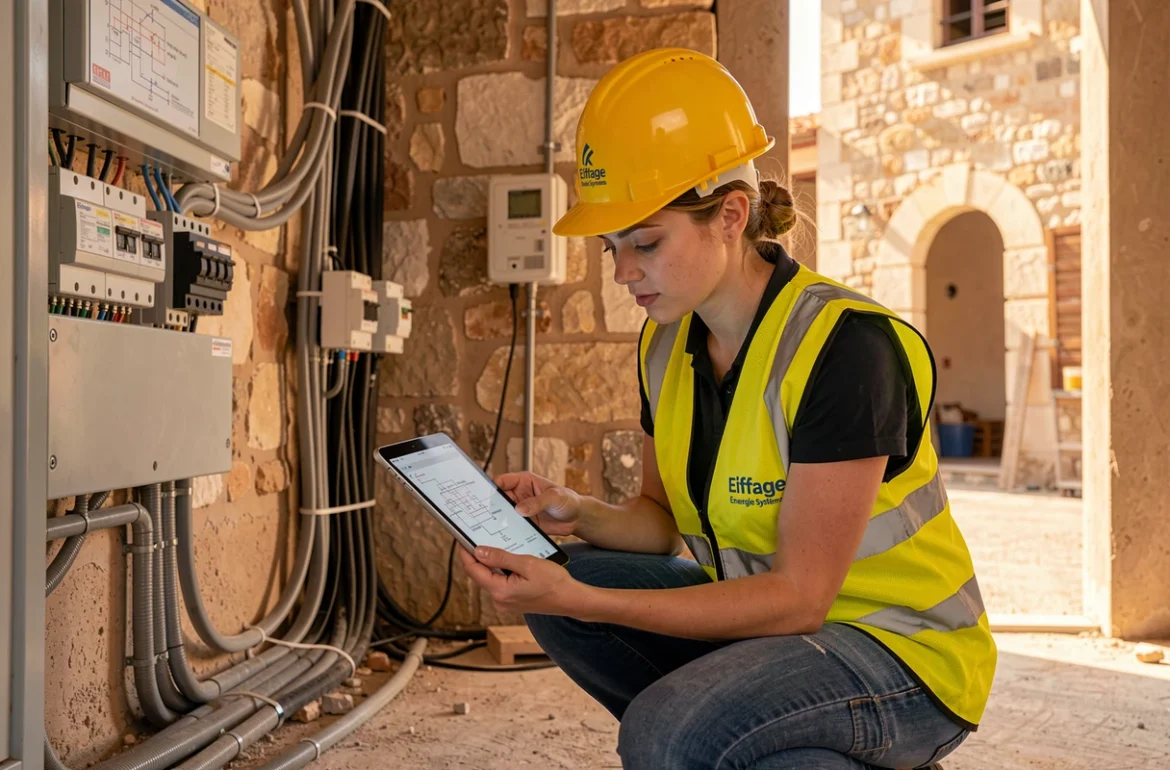 Technicienne Eiffage Énergie Systèmes inspectant un tableau électrique sur un chantier méditerranéen