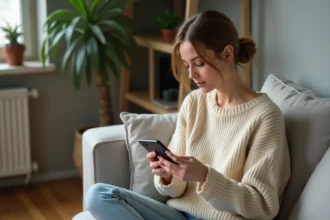 Jeune femme regardant une story Instagram sur son smartphone dans un salon moderne, illustrant les droits liés à l'enregistrement de contenu partagé par un ami