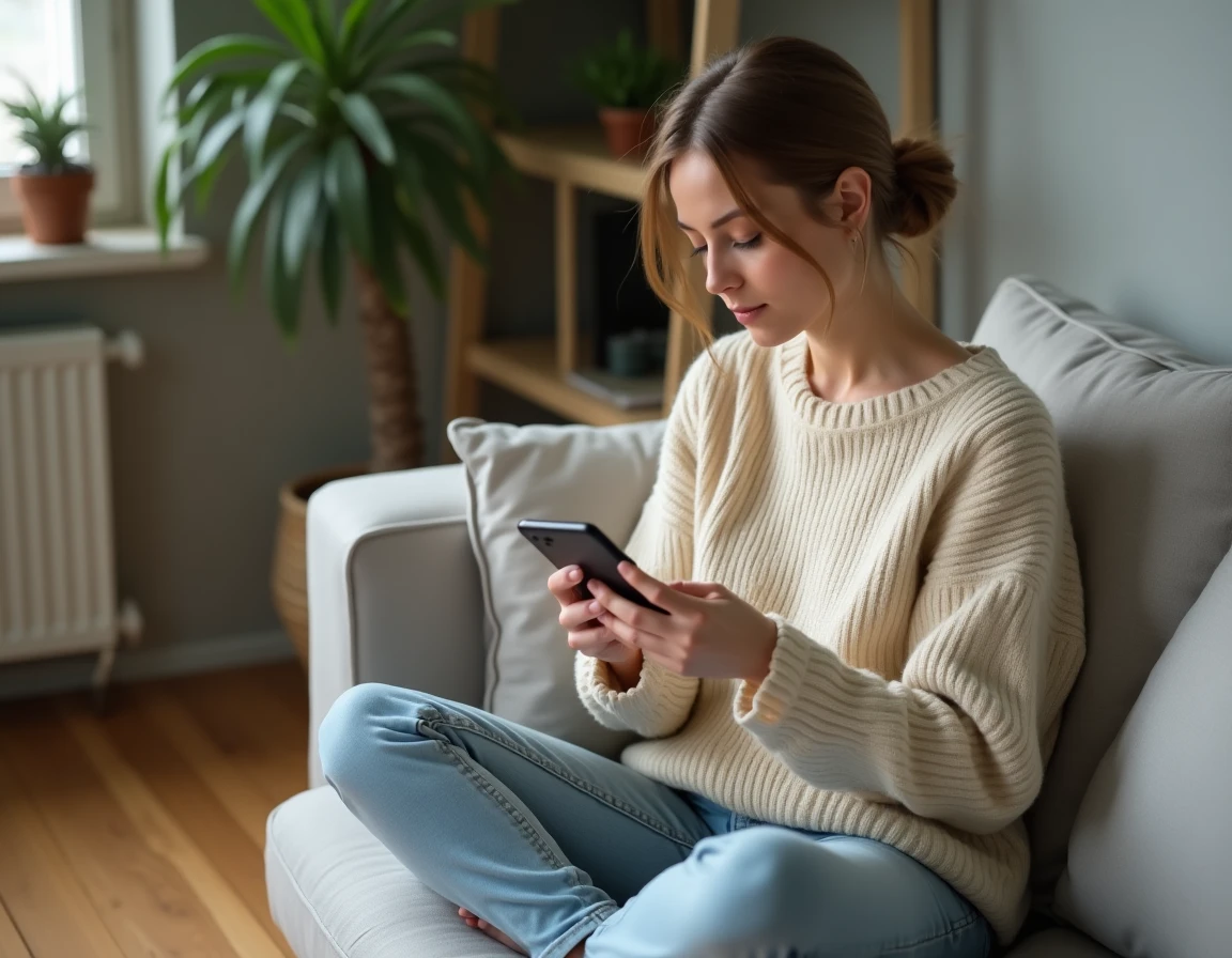 Jeune femme regardant une story Instagram sur son smartphone dans un salon moderne, illustrant les droits liés à l'enregistrement de contenu partagé par un ami