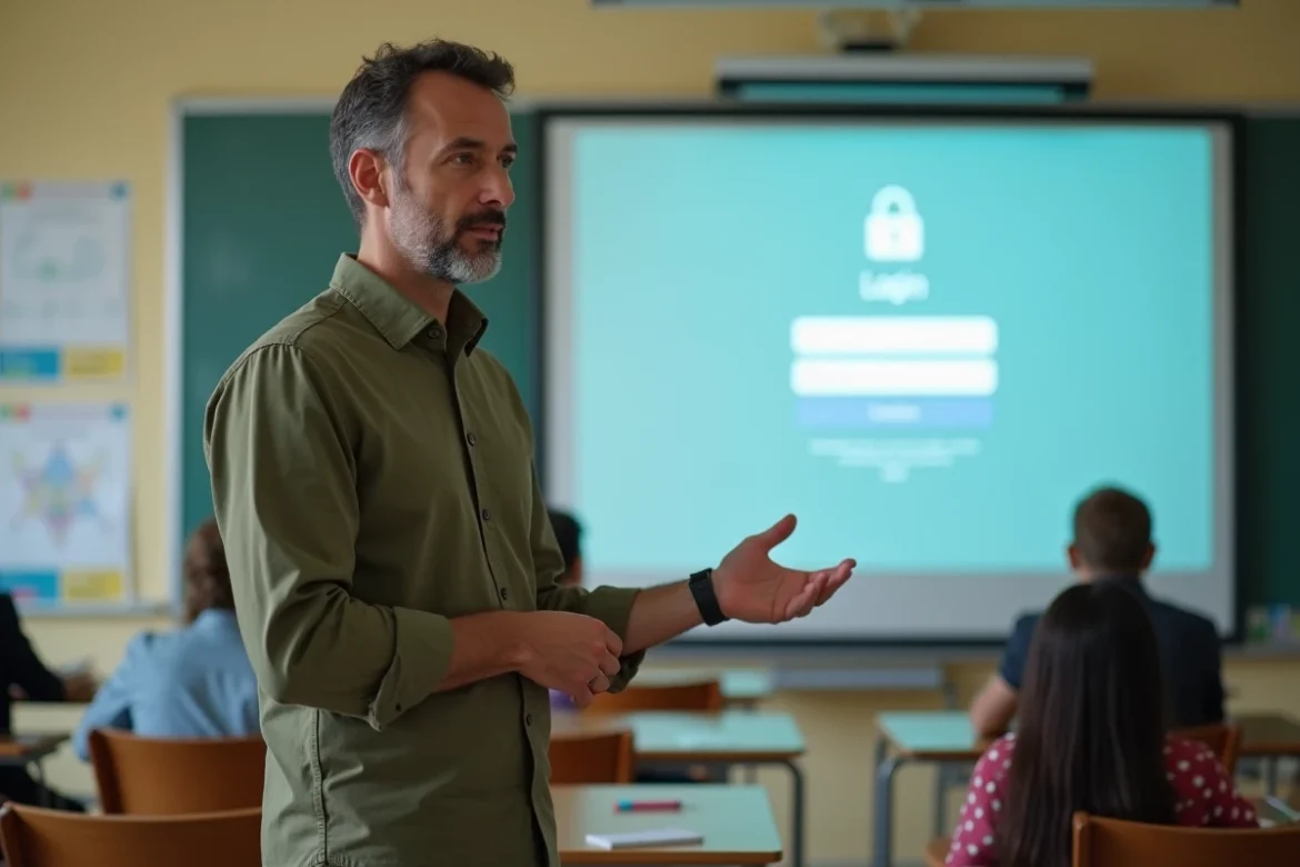 Enseignant présentant la procédure d'authentification sécurisée de l'ENT Paris Classe Numérique en salle de classe