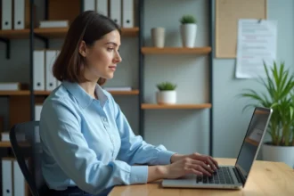Enseignante utilisant la messagerie académique Ia87 sur son ordinateur portable dans un bureau scolaire