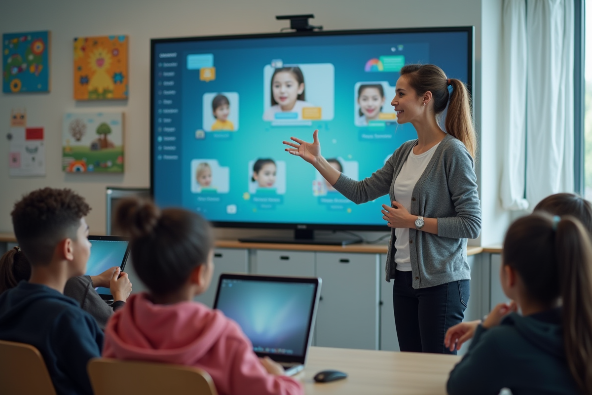 Professeure montrant tableau interactif à des élèves