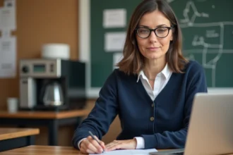 Enseignante utilisant le webmail Dijon sur son ordinateur portable dans la salle des professeurs
