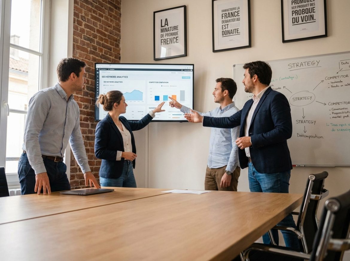 Équipe d'une agence SEO française collaborant sur une stratégie de référencement naturel à bon rapport qualité prix
