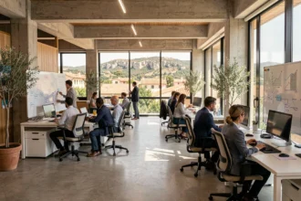 Bureau moderne d'une ESN en Provence-Alpes-Côte d'Azur avec des professionnels collaborant face à un panorama méditerranéen