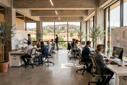 Bureau moderne d'une ESN en Provence-Alpes-Côte d'Azur avec des professionnels collaborant face à un panorama méditerranéen