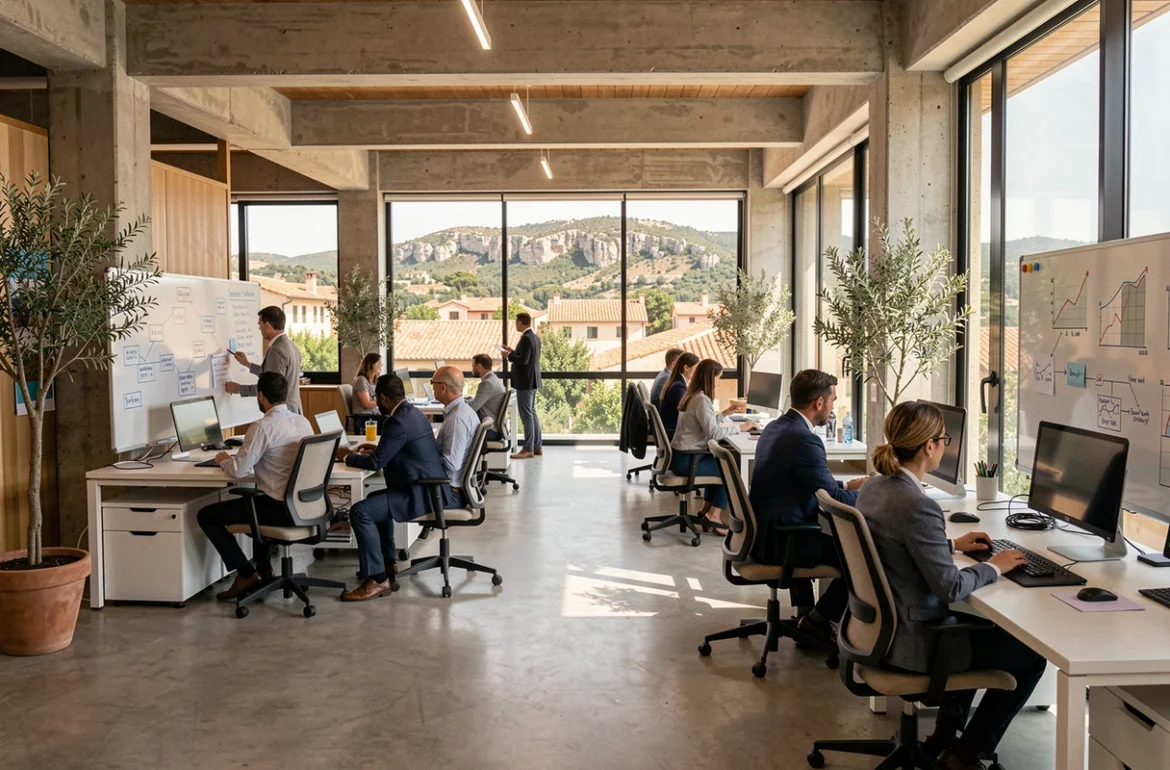 Bureau moderne d'une ESN en Provence-Alpes-Côte d'Azur avec des professionnels collaborant face à un panorama méditerranéen