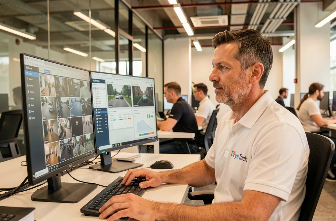Spécialiste Eye Tech configurant un logiciel de gestion vidéo sur double écran dans un bureau moderne