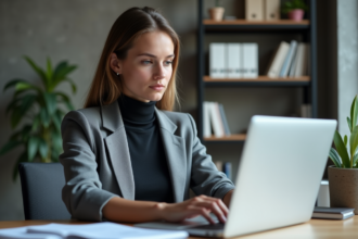 Jeune femme analysant résultats de recherche sur ordinateur