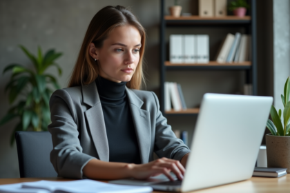 Jeune femme analysant résultats de recherche sur ordinateur