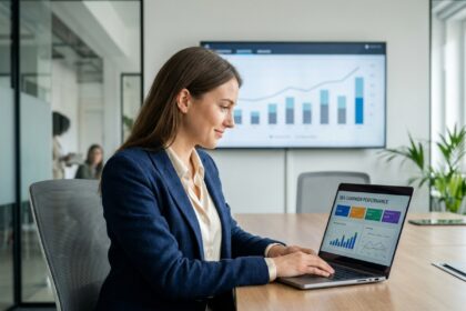 Femme analysant des données SEA sur un ordinateur dans un bureau moderne