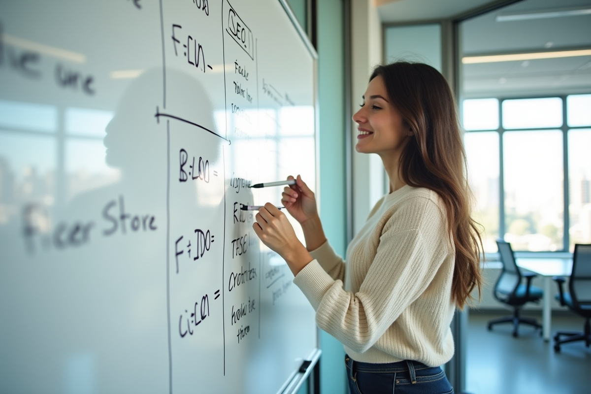 Femme analysant un tableau blanc avec des formules SEO