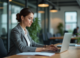 Femme concentrée travaillant sur un ordinateur au bureau