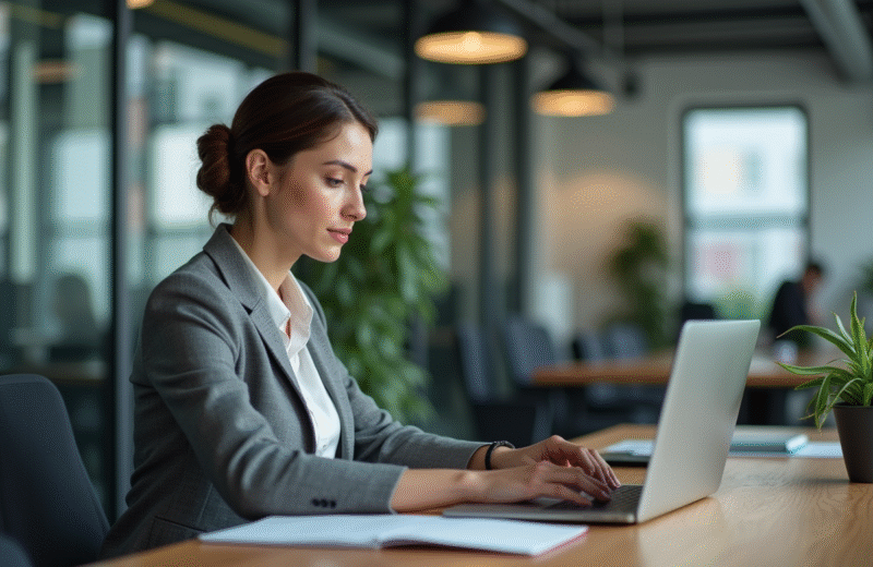 Femme concentrée travaillant sur un ordinateur au bureau