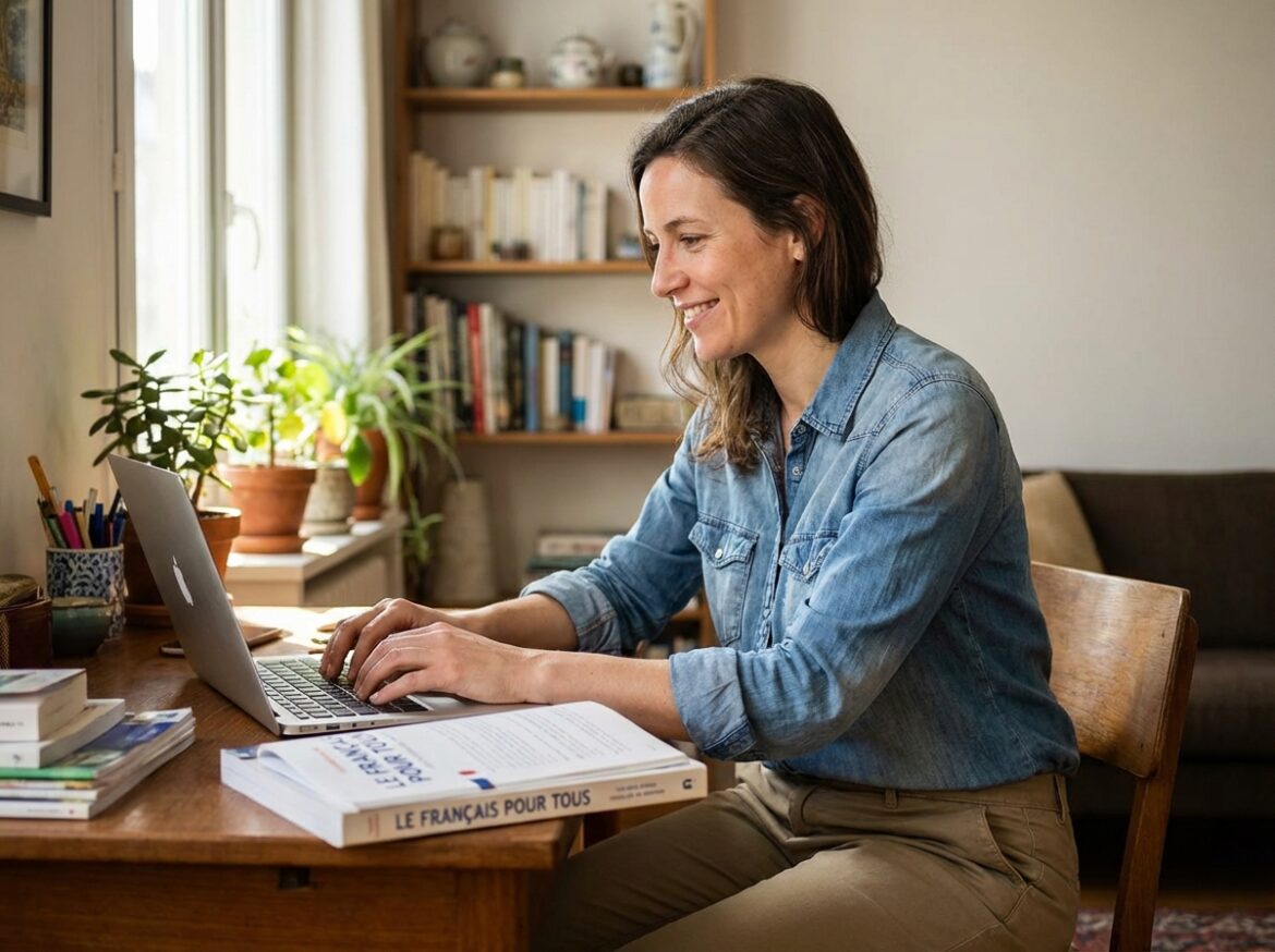 Jeune femme au bureau à domicile avec ordinateur et plantes