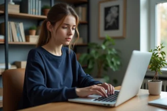 Jeune femme au bureau à domicile concentrée sur son ordinateur