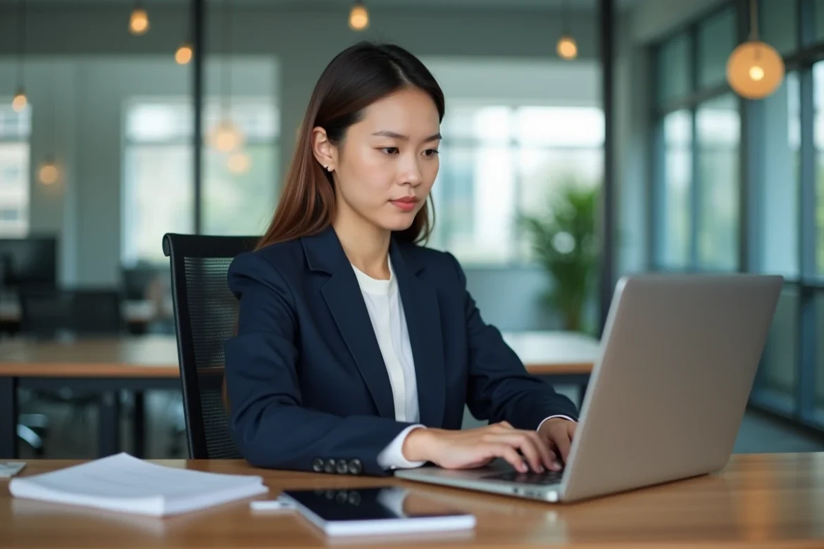 Femme en bureau moderne personnalise son intranet
