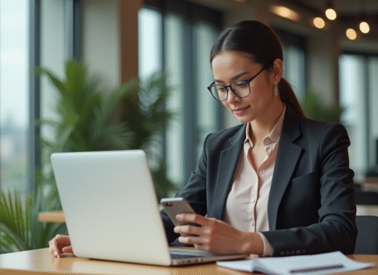 Jeune femme au bureau utilisant son smartphone et son ordinateur