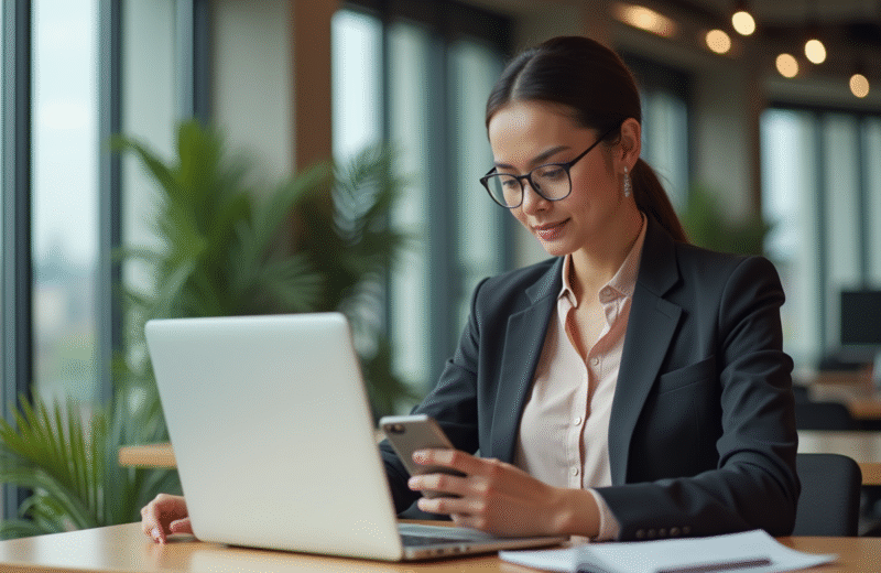 Jeune femme au bureau utilisant son smartphone et son ordinateur