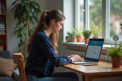 Jeune femme concentrée devant son ordinateur à la maison