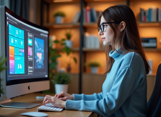 Jeune femme au bureau utilisant un ordinateur portable