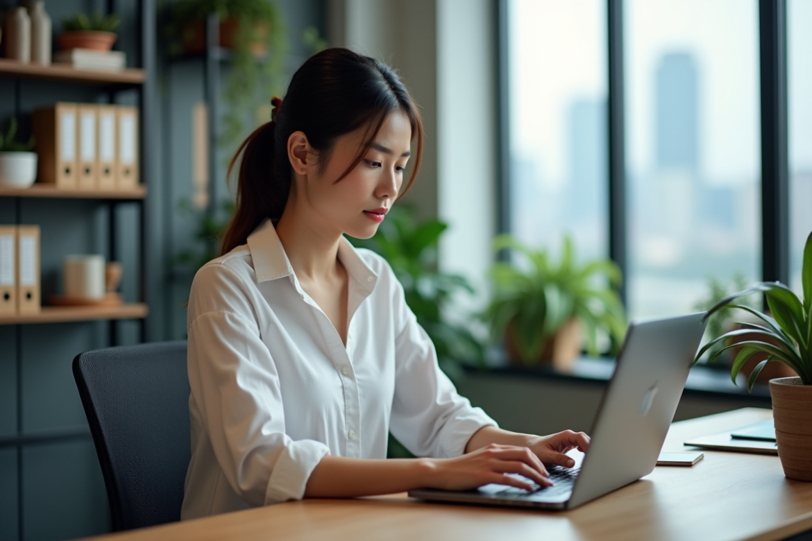 Femme en bureau moderne travaillant sur un ordinateur