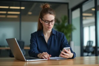 Femme au bureau regardant son ordinateur portable