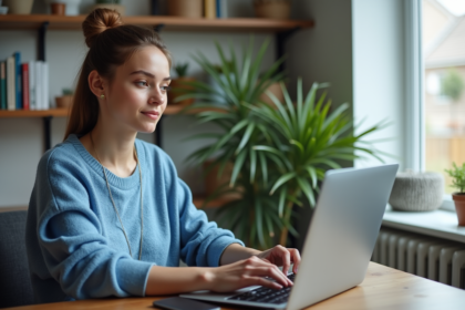 Jeune femme au bureau en train d'uploader des fichiers