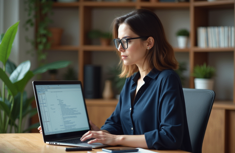 Femme concentrée travaillant sur un ordinateur portable dans un bureau cosy