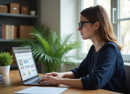 Femme concentrée sur son ordinateur dans un bureau lumineux