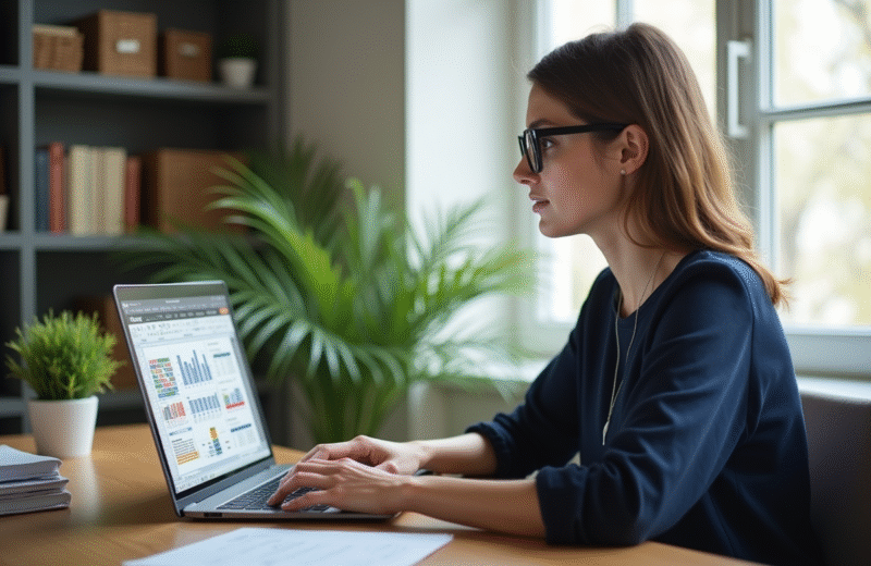 Femme concentrée sur son ordinateur dans un bureau lumineux