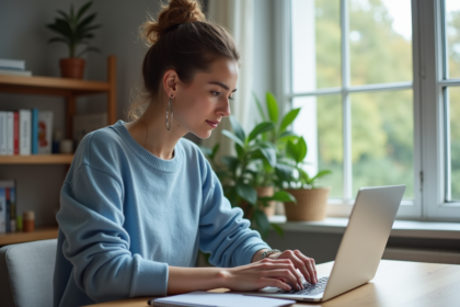 Femme concentrée travaillant sur son ordinateur portable à domicile